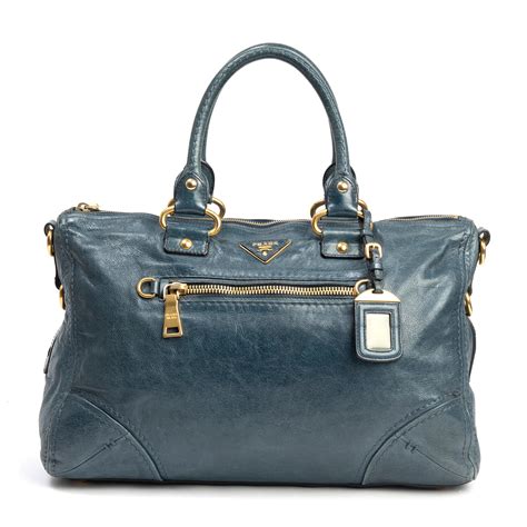 Prada Denim Blue Vitello Shine Leather Satchel 